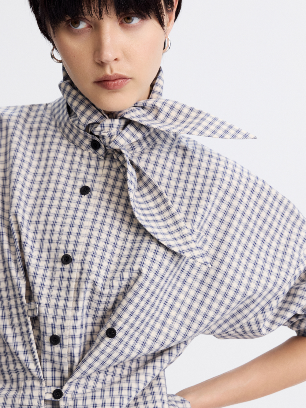 Tie-Collar Gingham Shirt — Blue / Ecru