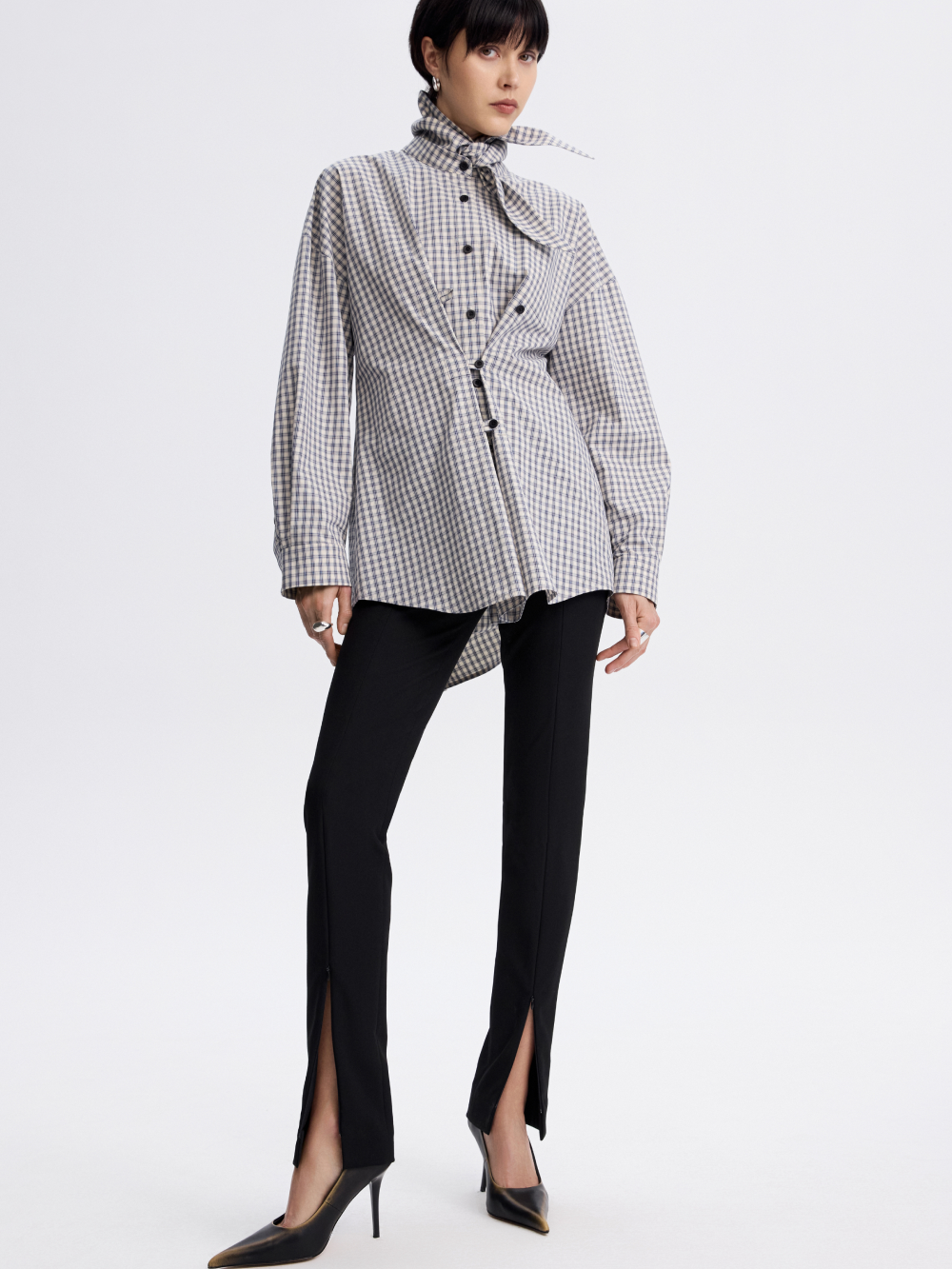 Tie-Collar Gingham Shirt — Blue / Ecru