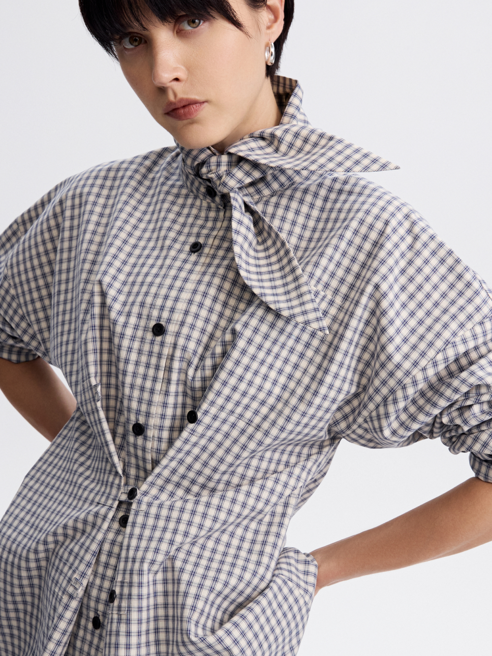 Tie-Collar Gingham Shirt — Blue / Ecru