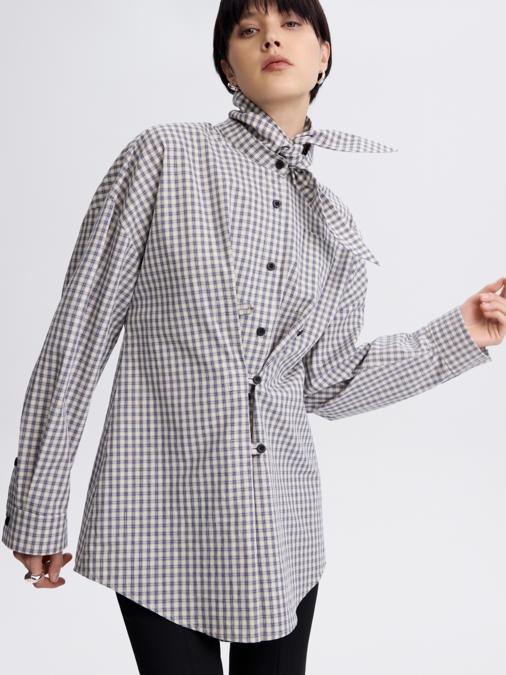 Tie-Collar Gingham Shirt — Blue / Ecru