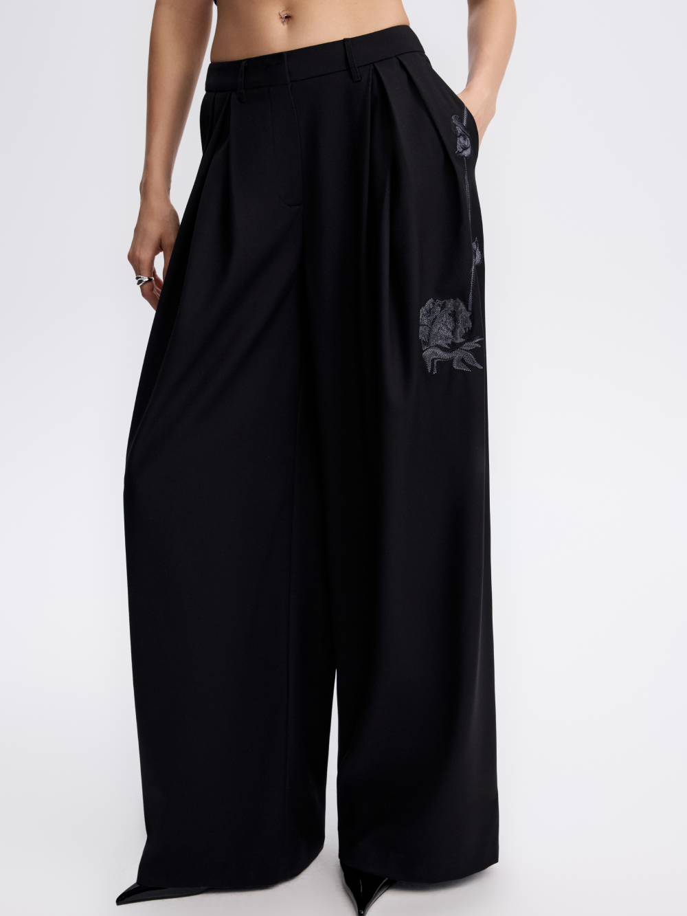 PRAS embroidered wide trousers, embroidered rose detail
