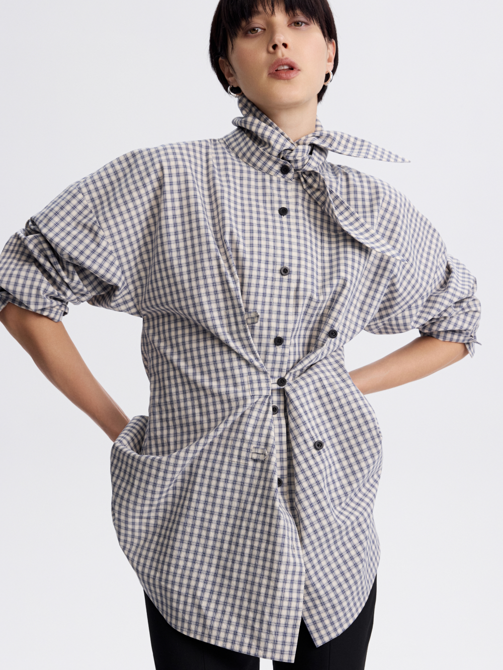 Tie-Collar Gingham Shirt — Blue / Ecru