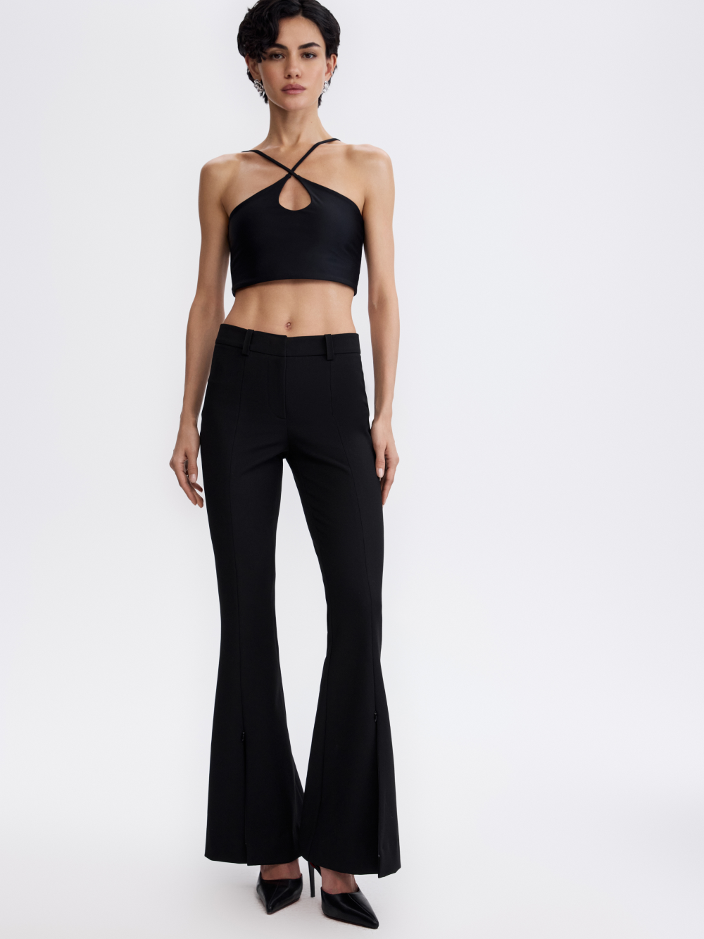 Zip-Slit Flare Trousers — Black