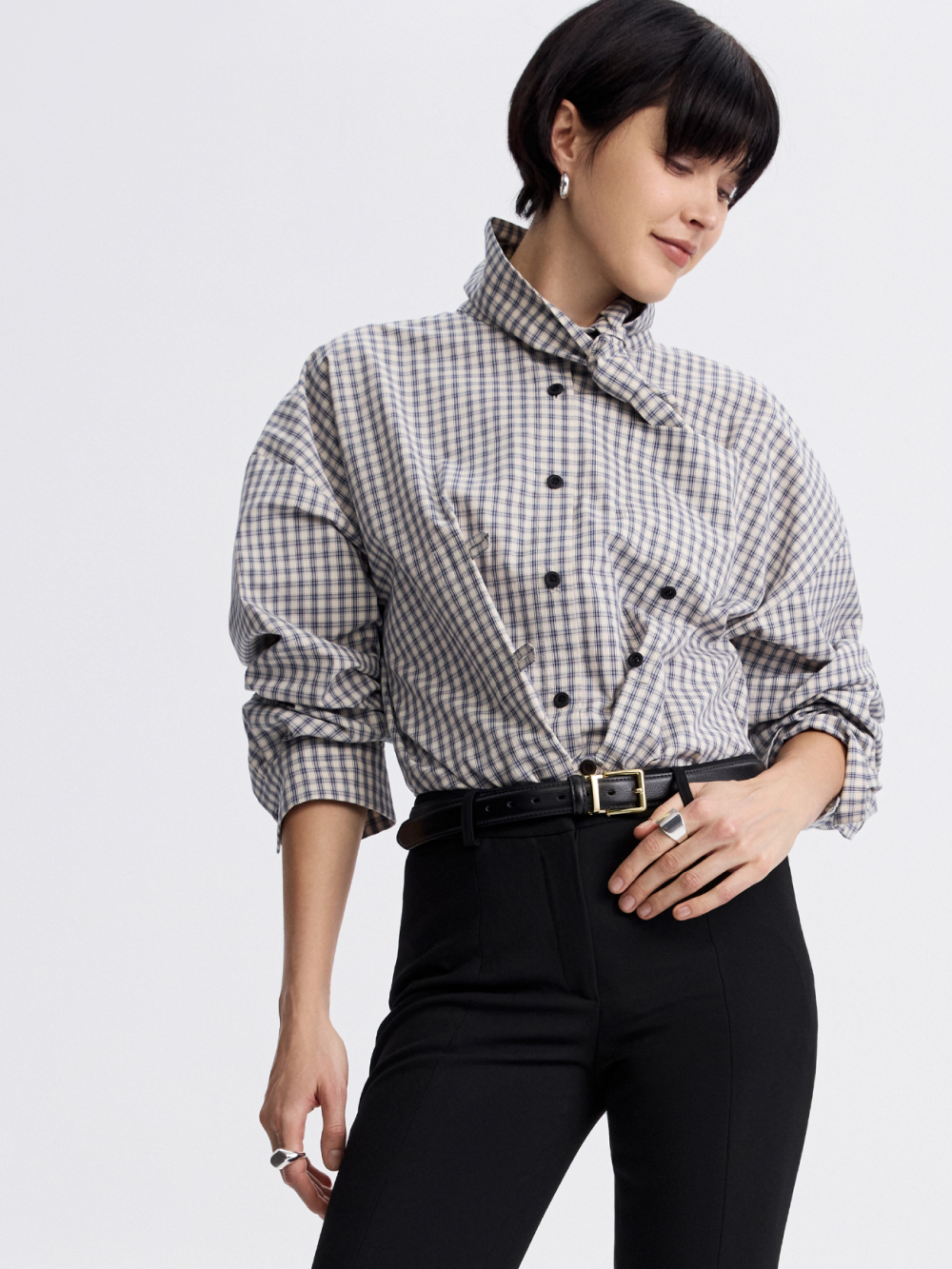 Tie-Collar Gingham Shirt — Blue / Ecru