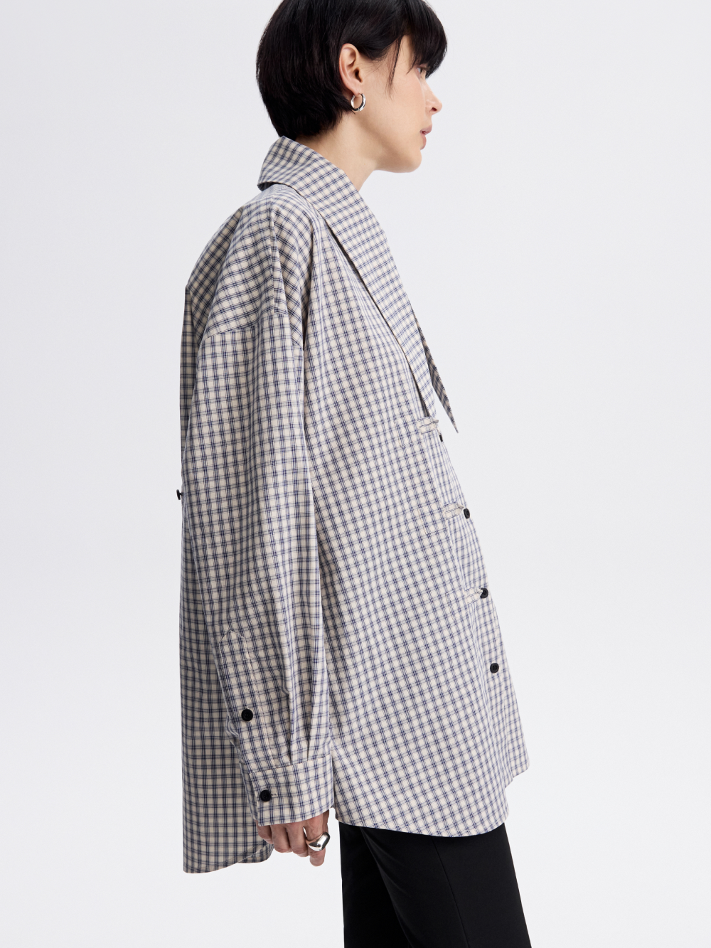 Tie-Collar Gingham Shirt — Blue / Ecru