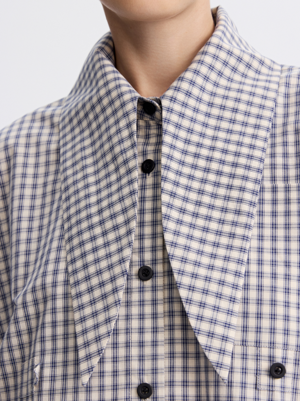 Tie-Collar Gingham Shirt — Blue / Ecru