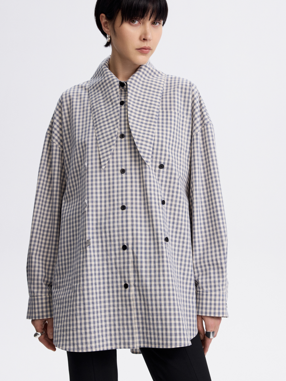 Tie-Collar Gingham Shirt — Blue / Ecru