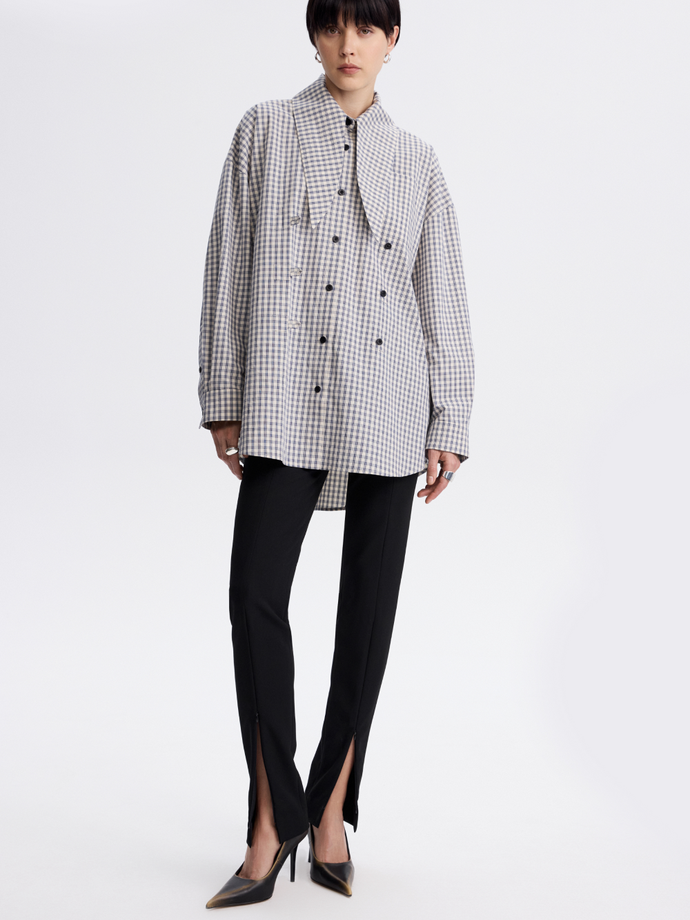 Tie-Collar Gingham Shirt — Blue / Ecru