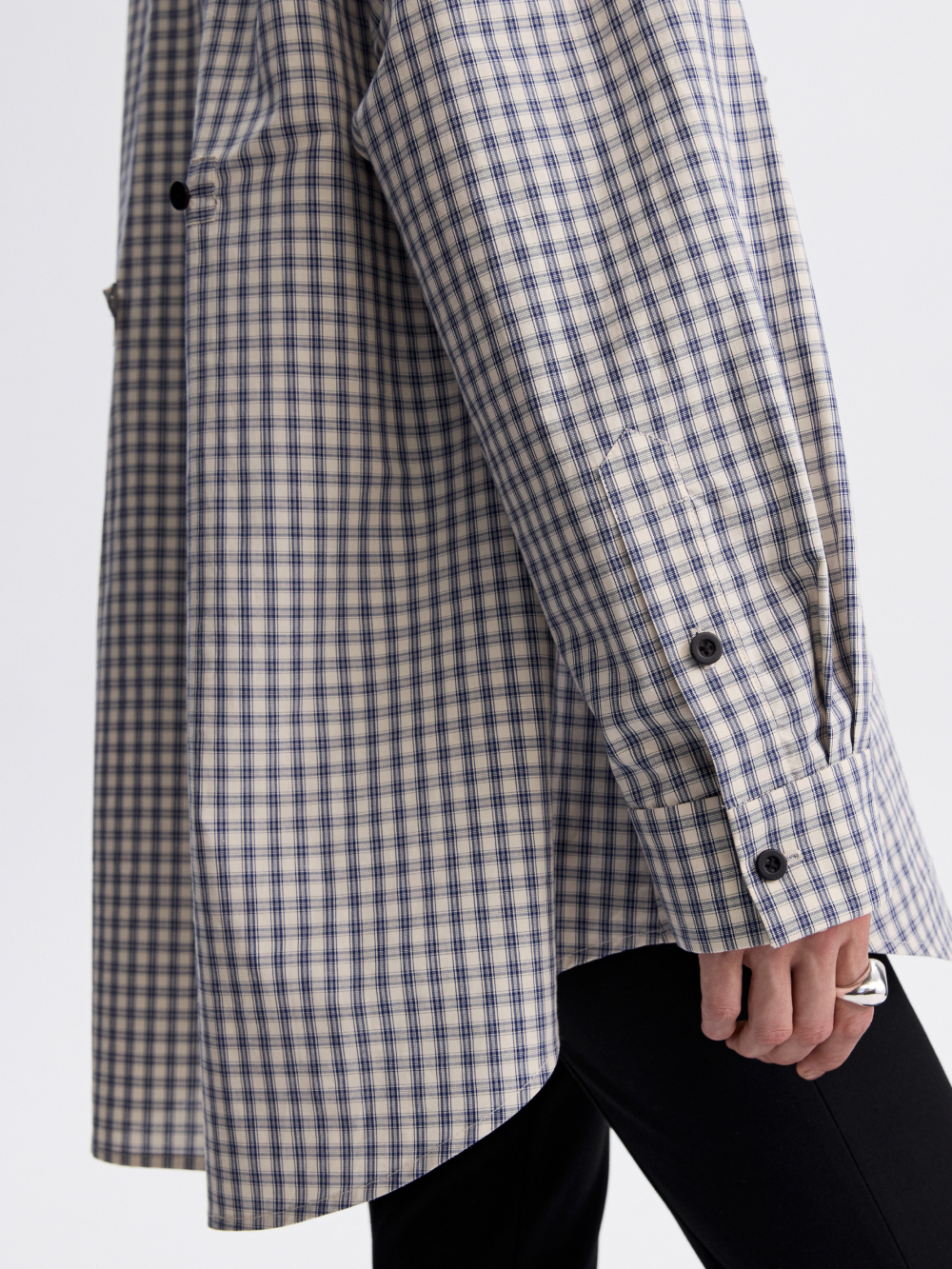 Tie-Collar Gingham Shirt — Blue / Ecru