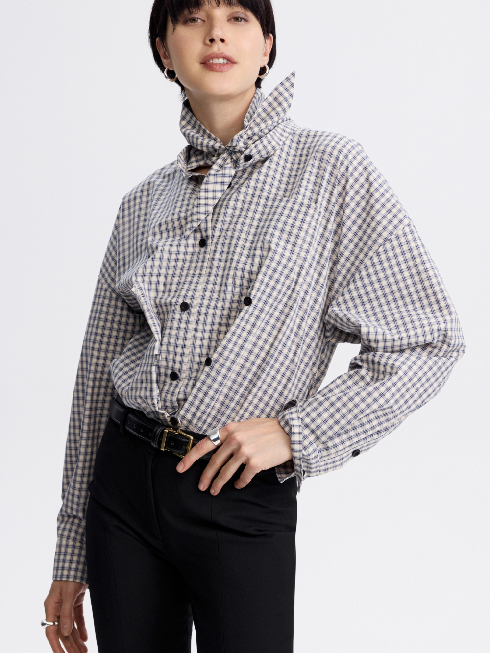 Tie-Collar Gingham Shirt — Blue / Ecru