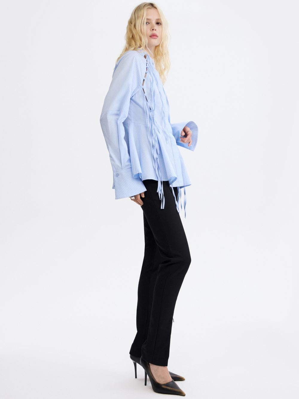 PRAS fringe peplum shirt, side, full length
