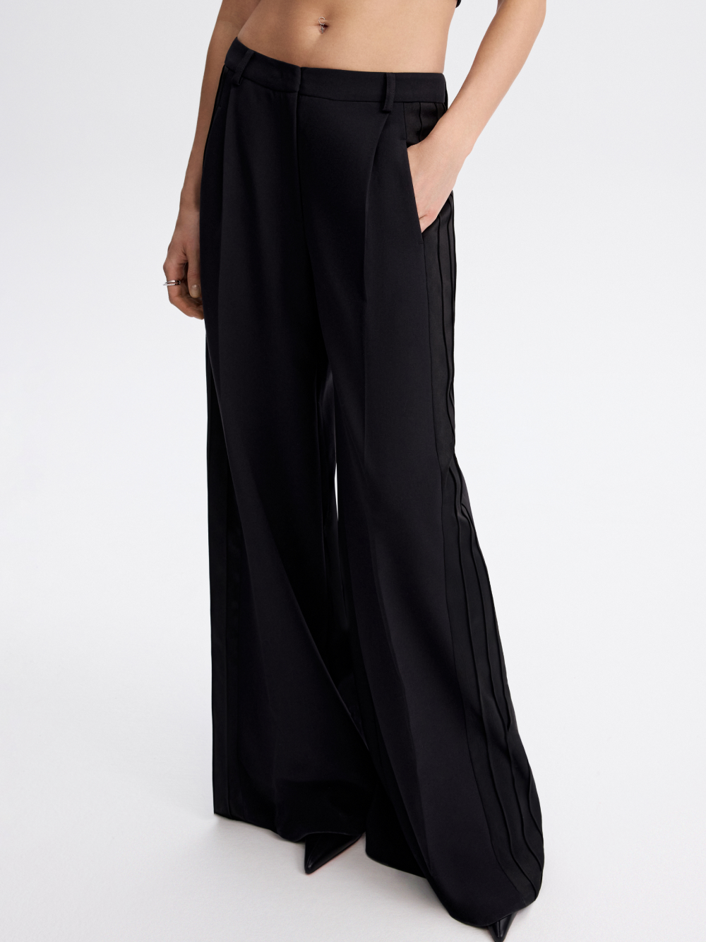 PRAS satin stripe palazzo trousers, front from waist down