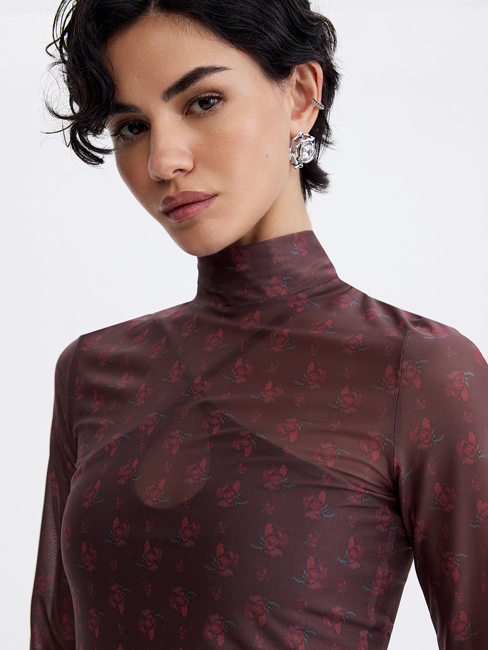 PRAS printed mesh top in burgundy, neckline and print