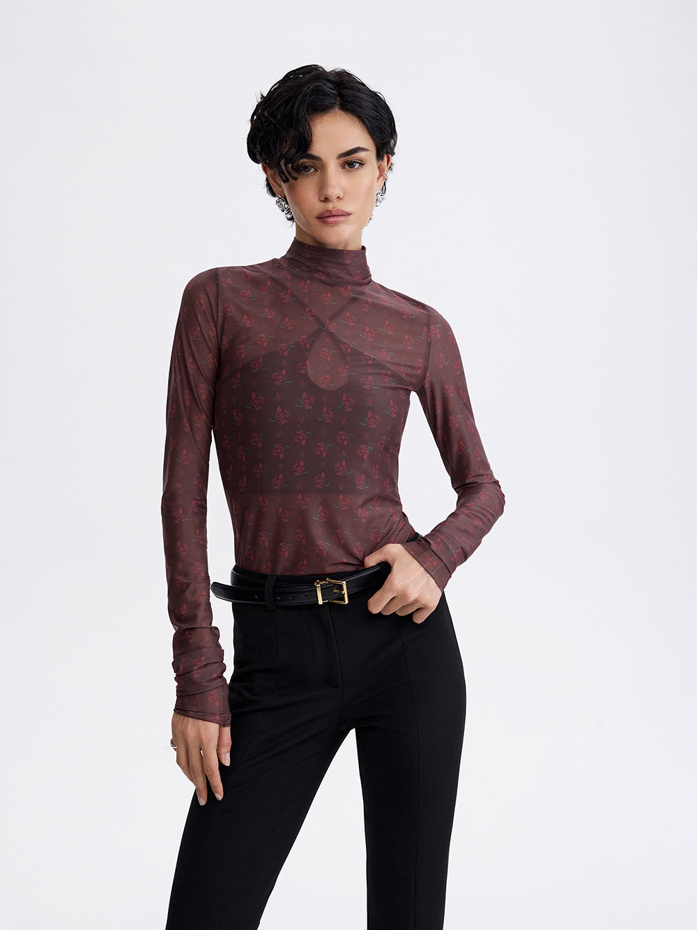 PRAS printed mesh top in burgundy, front with belt