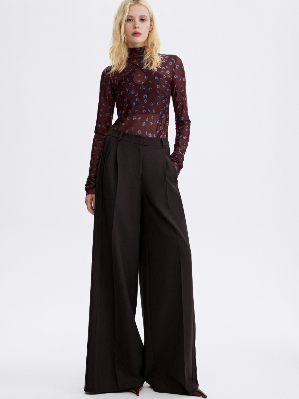 PRAS relief palazzo trousers in brown, front, full length