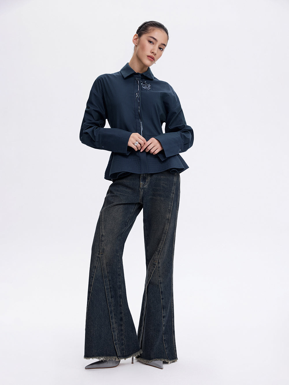 PRAS rose peplum shirt, front, full length