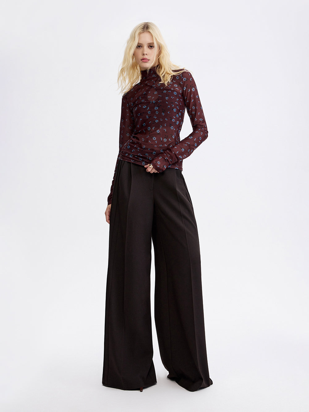 PRAS relief palazzo trousers in brown, front with belt