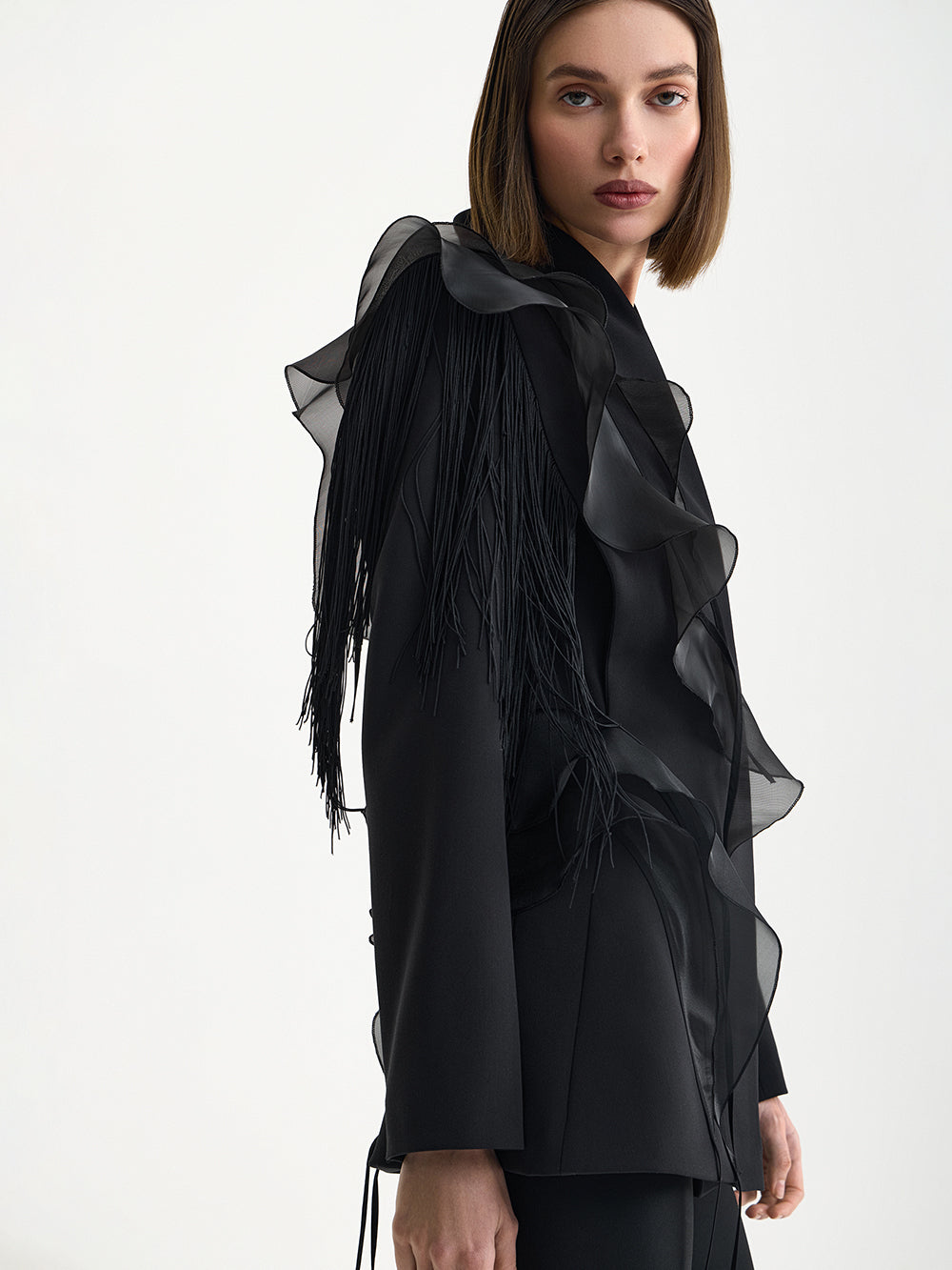 PRAS organza frill jacket, frill and fringe close up