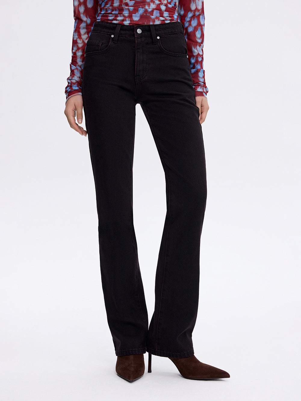 Dark cherry slim straight jeans, front