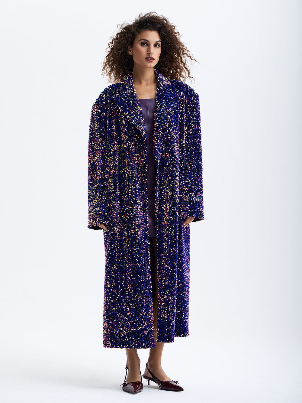 PRAS purple sequin maxi coat, front