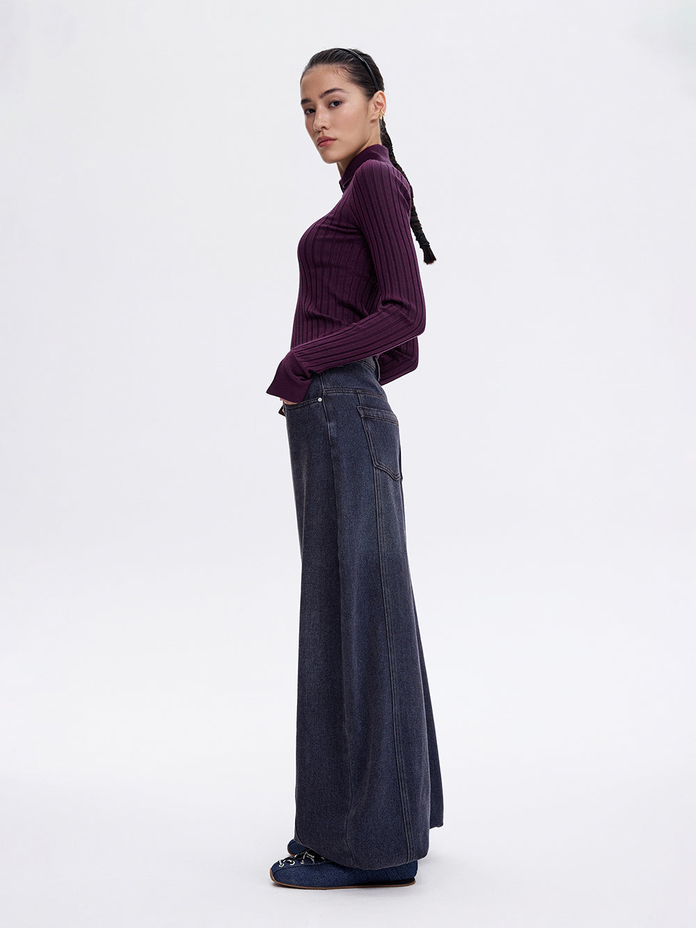 Blue burgundy jeans, side view