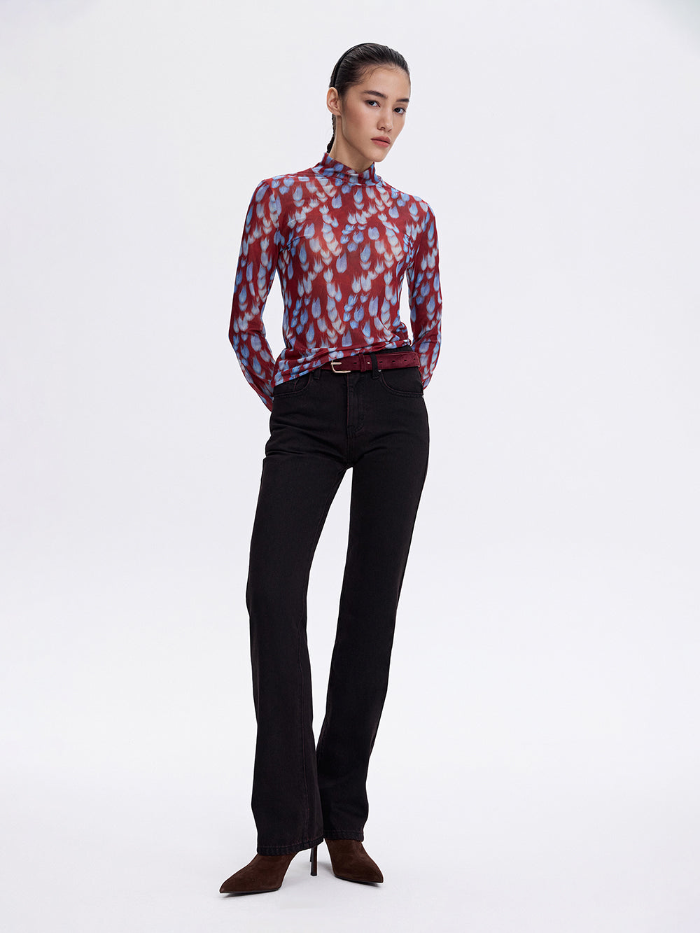 Dark cherry slim straight jeans, front view