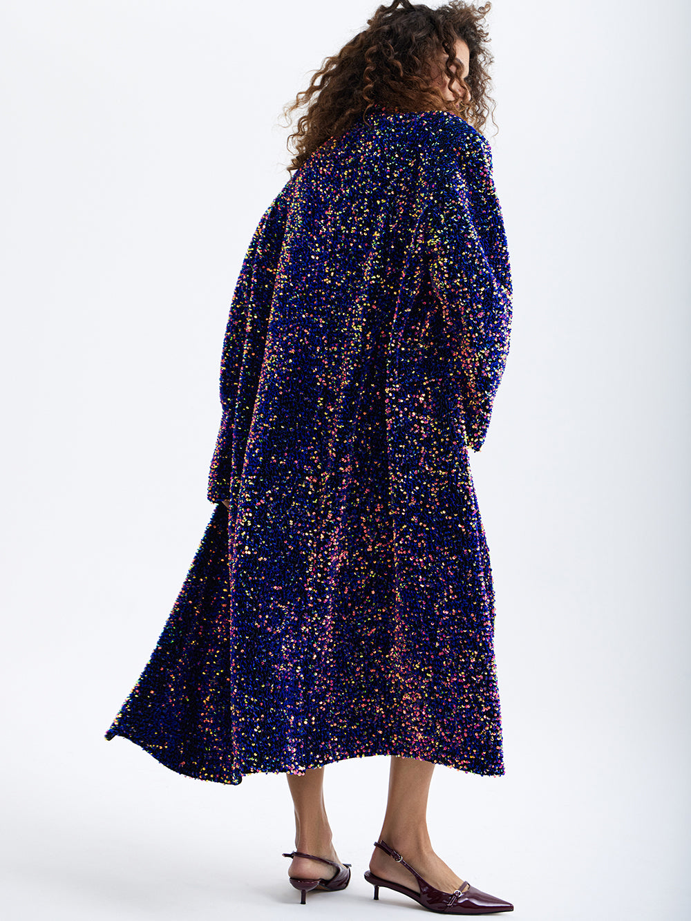 PRAS purple sequin maxi coat, back in movement