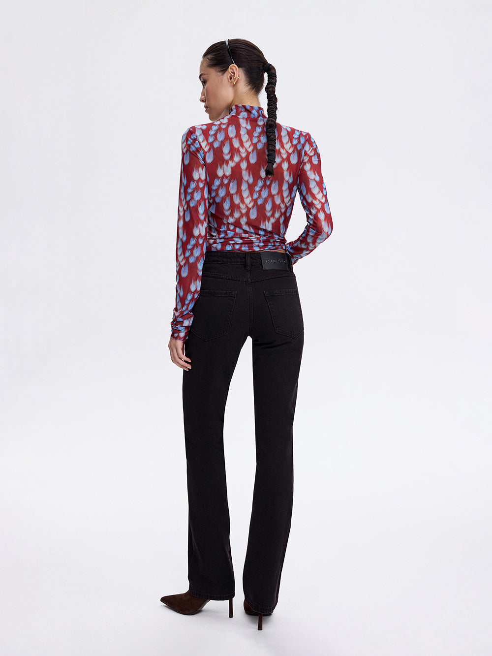 Dark cherry slim straight jeans, back view
