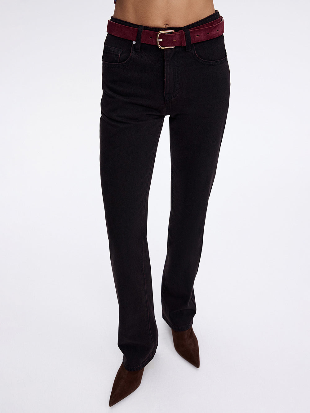 Dark cherry jeans with belt, front