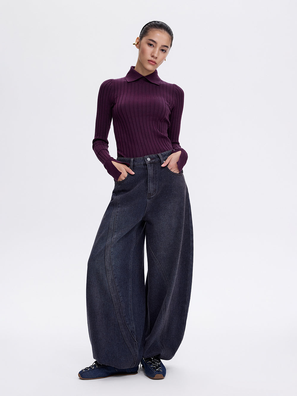 Blue burgundy wide leg jeans, front