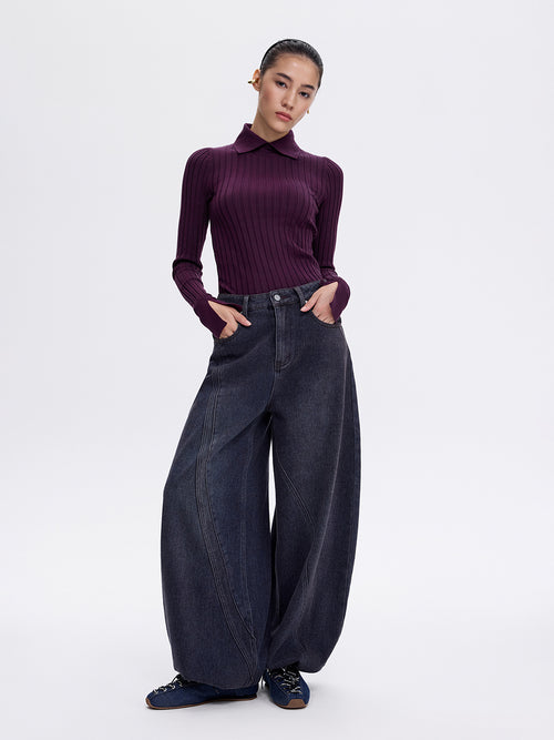 Blue burgundy wide leg jeans, front