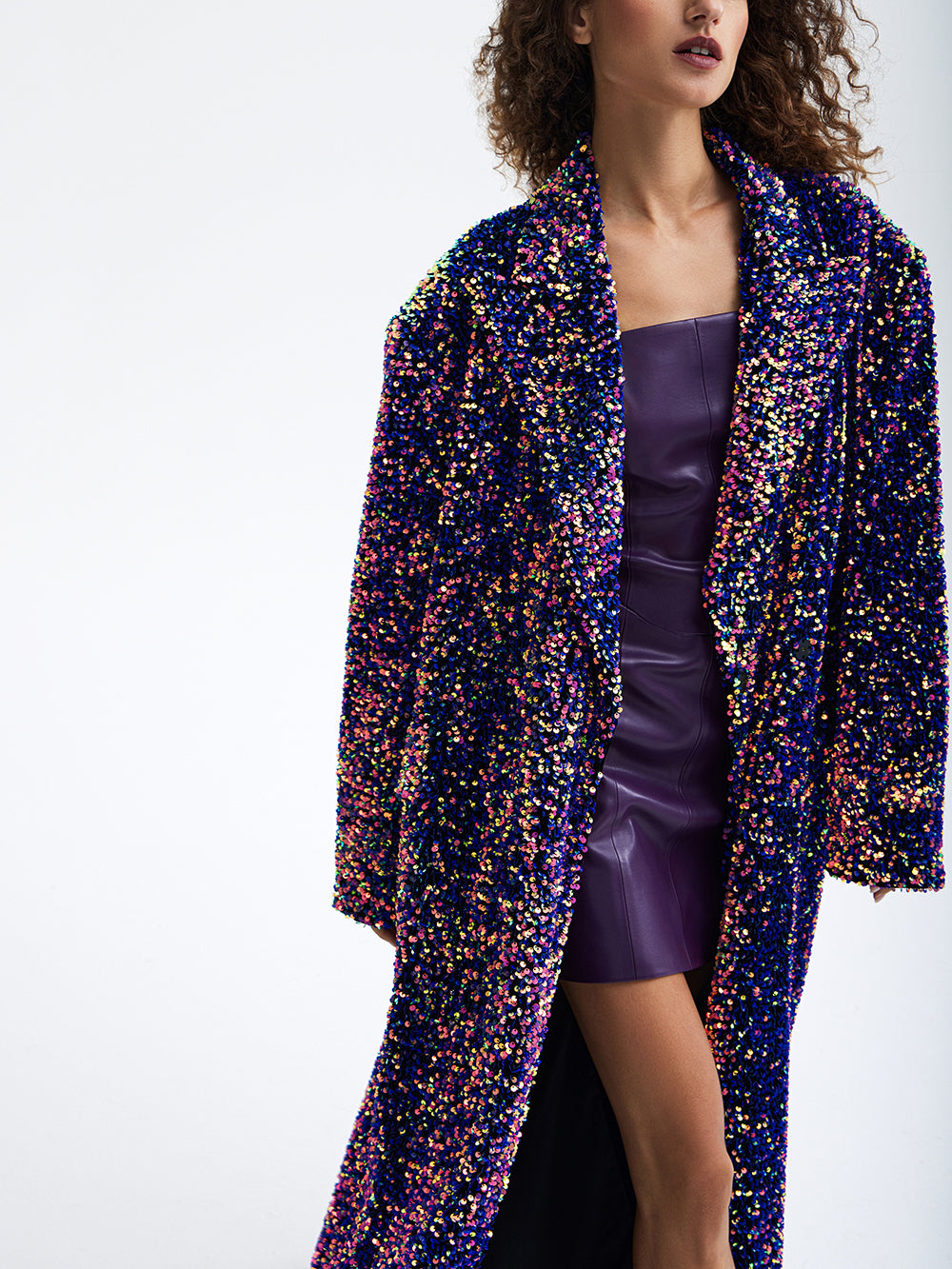 PRAS purple sequin maxi coat, lapel and sequin detail