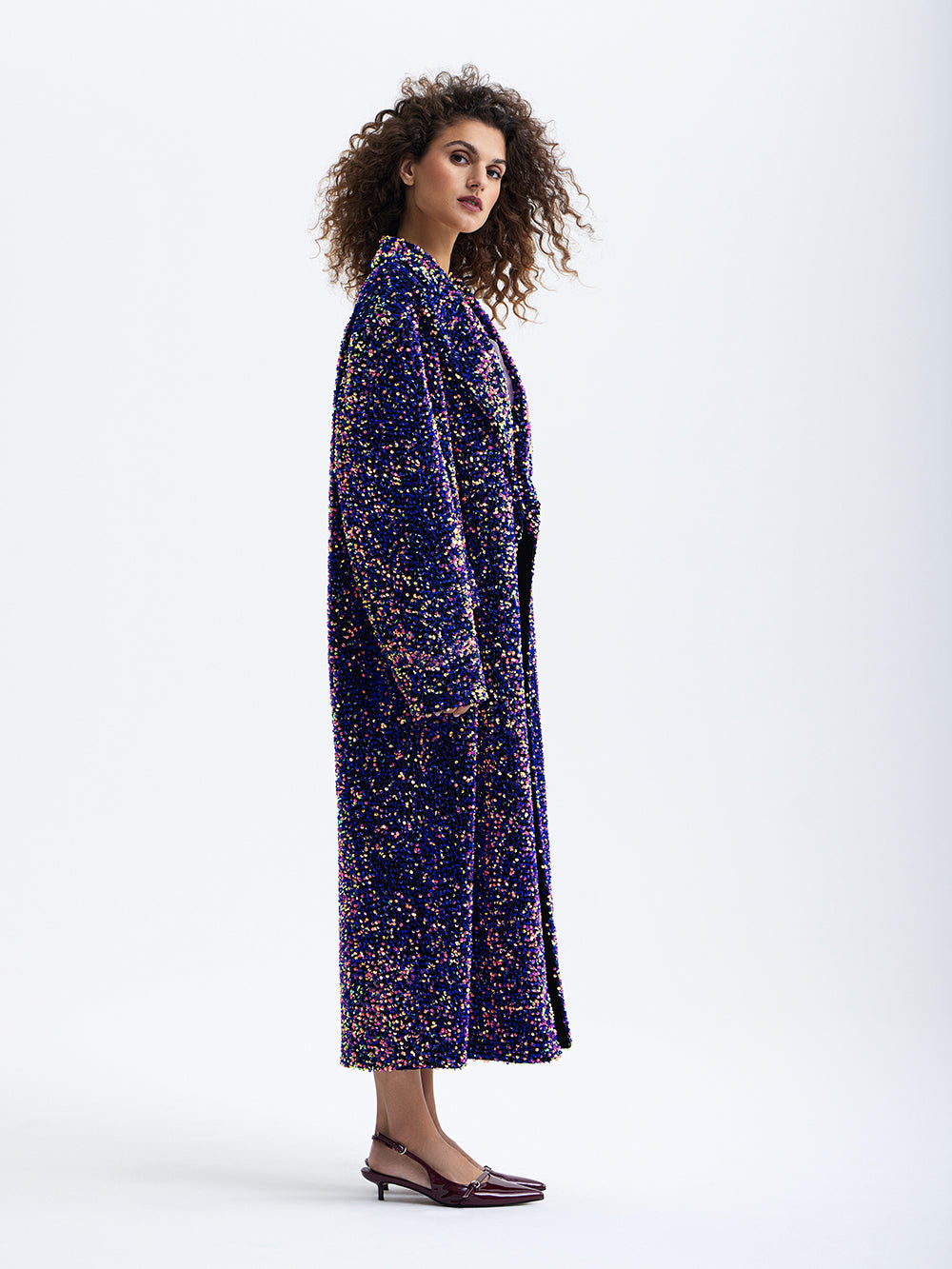 PRAS purple sequin maxi coat, side
