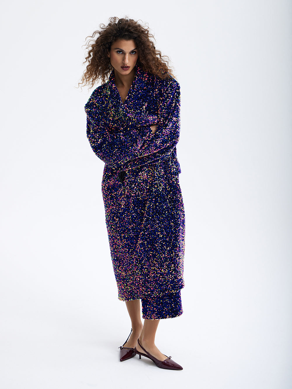 PRAS purple sequin maxi coat, front, belted