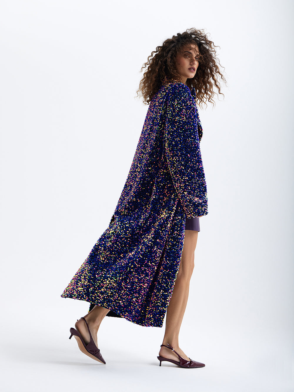 PRAS purple sequin maxi coat, hem sweep