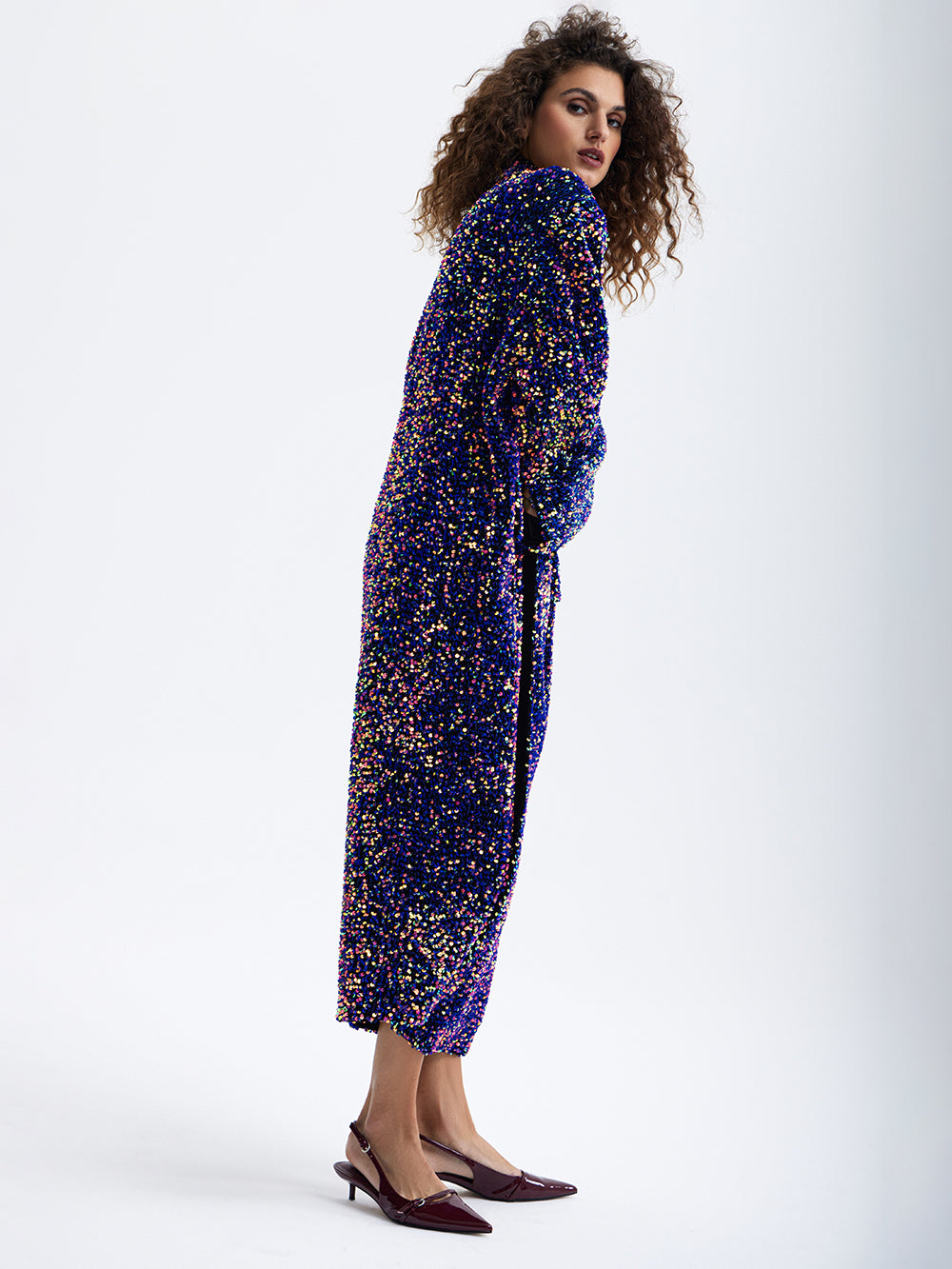 PRAS purple sequin maxi coat, three-quarter back
