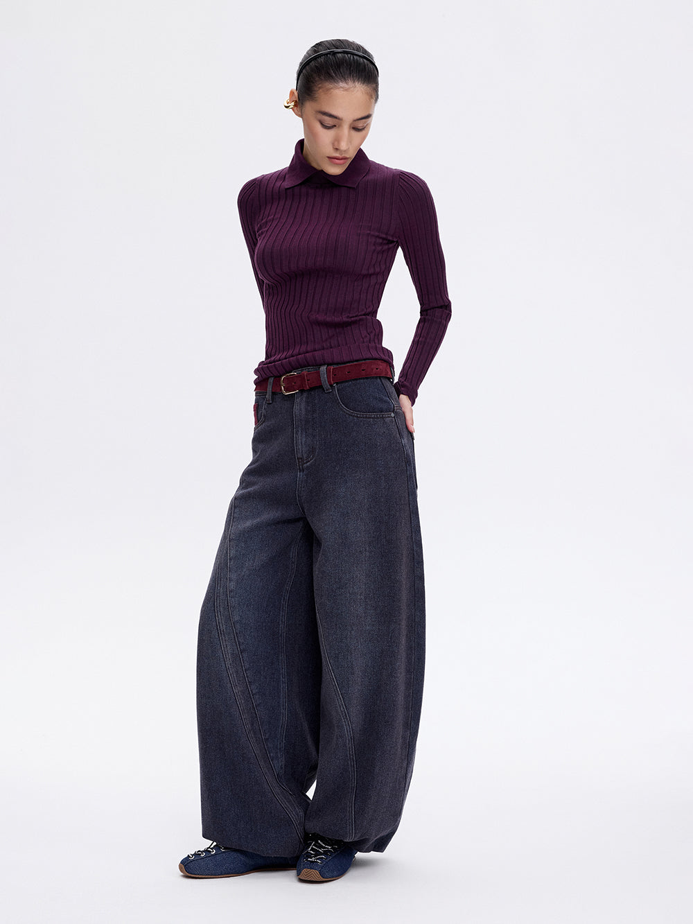 Blue burgundy wide leg jeans, front view