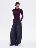 Blue burgundy wide leg jeans, front view