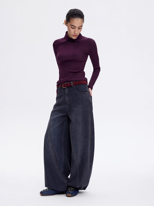Blue burgundy wide leg jeans, front view