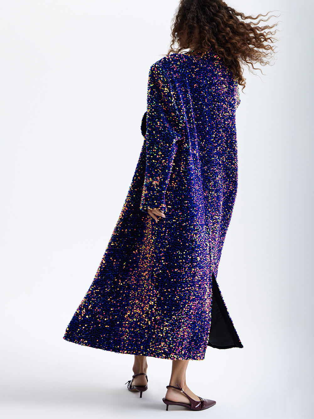 PRAS purple sequin maxi coat, hem and lining