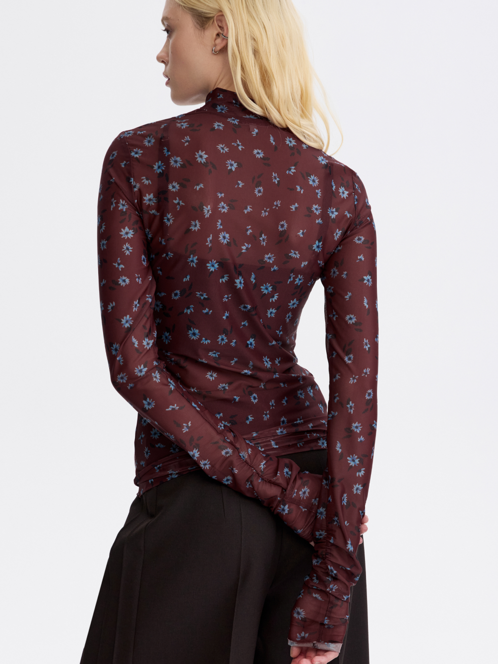 PRAS printed mesh top in brown floral, back