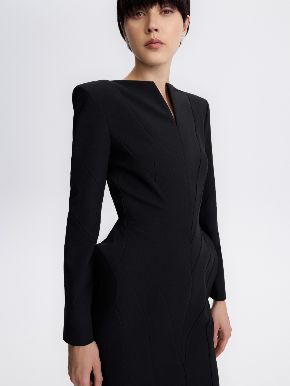 PRAS sculpted sheath dress in black, front