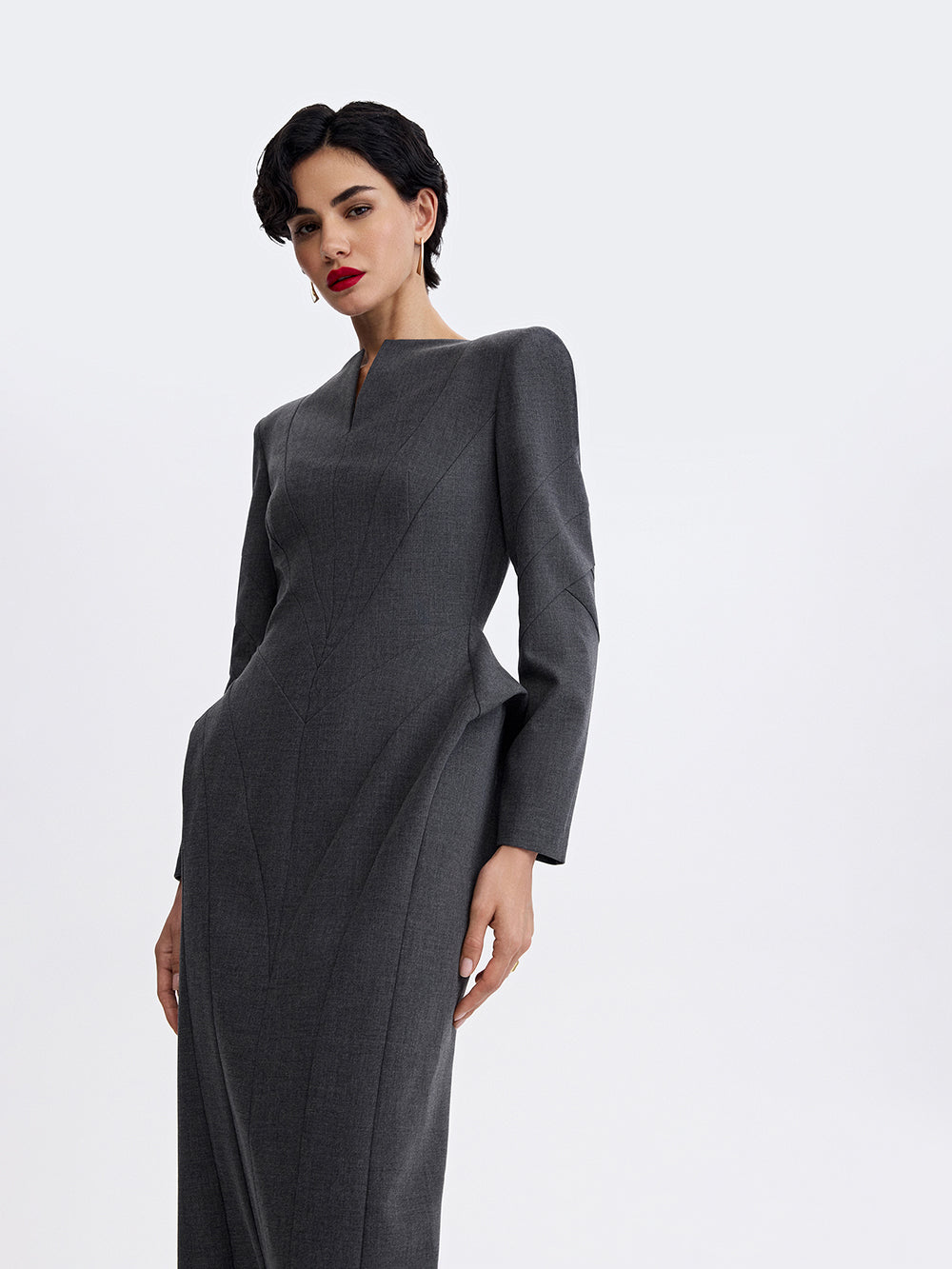 PRAS sculpted sheath dress in grey, front