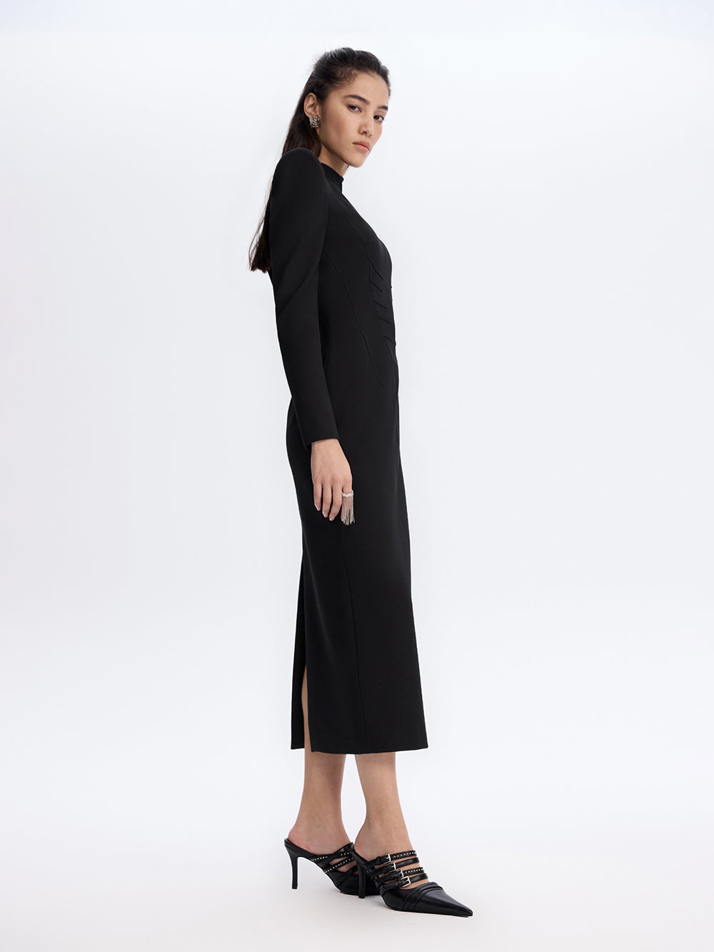 PRAS sheer back sheath dress, side with vent