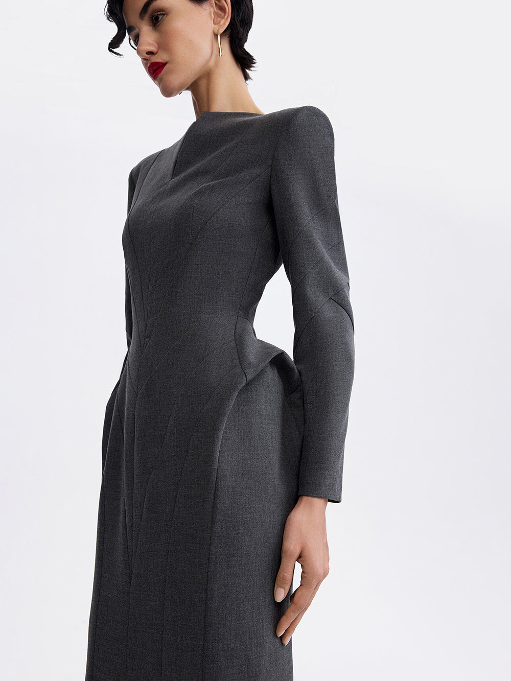 PRAS sculpted sheath dress in grey, neckline and shoulder