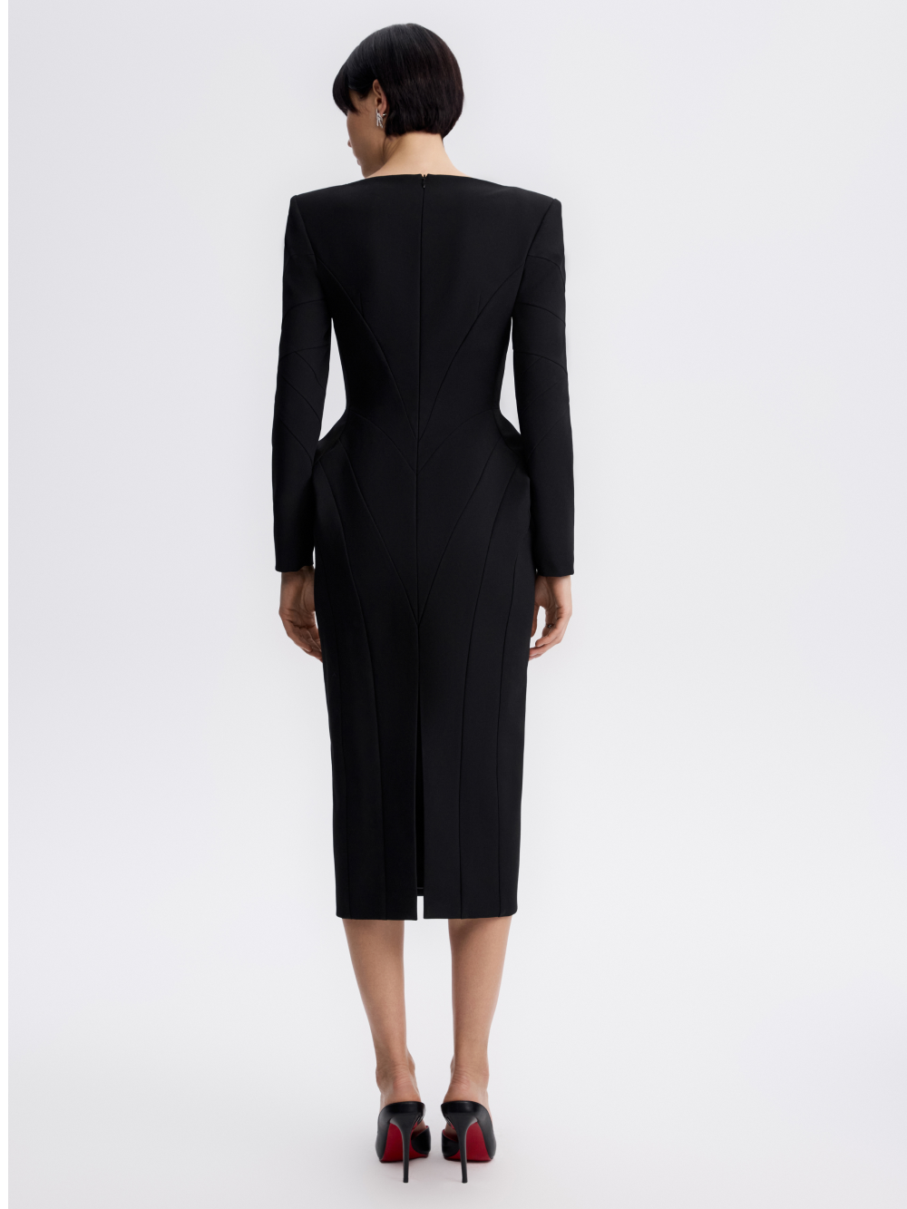 PRAS sculpted sheath dress in black, back