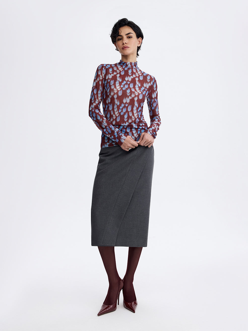PRAS printed mesh top in burgundy and blue, front, full length