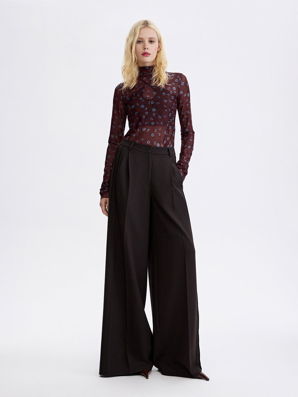 PRAS printed mesh top in brown floral, with wide trousers