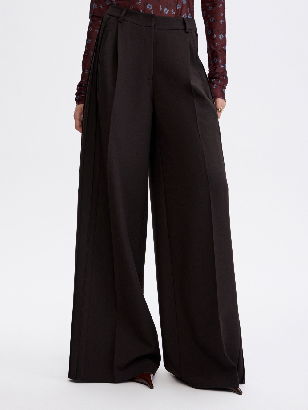 PRAS relief palazzo trousers in brown, front from waist down
