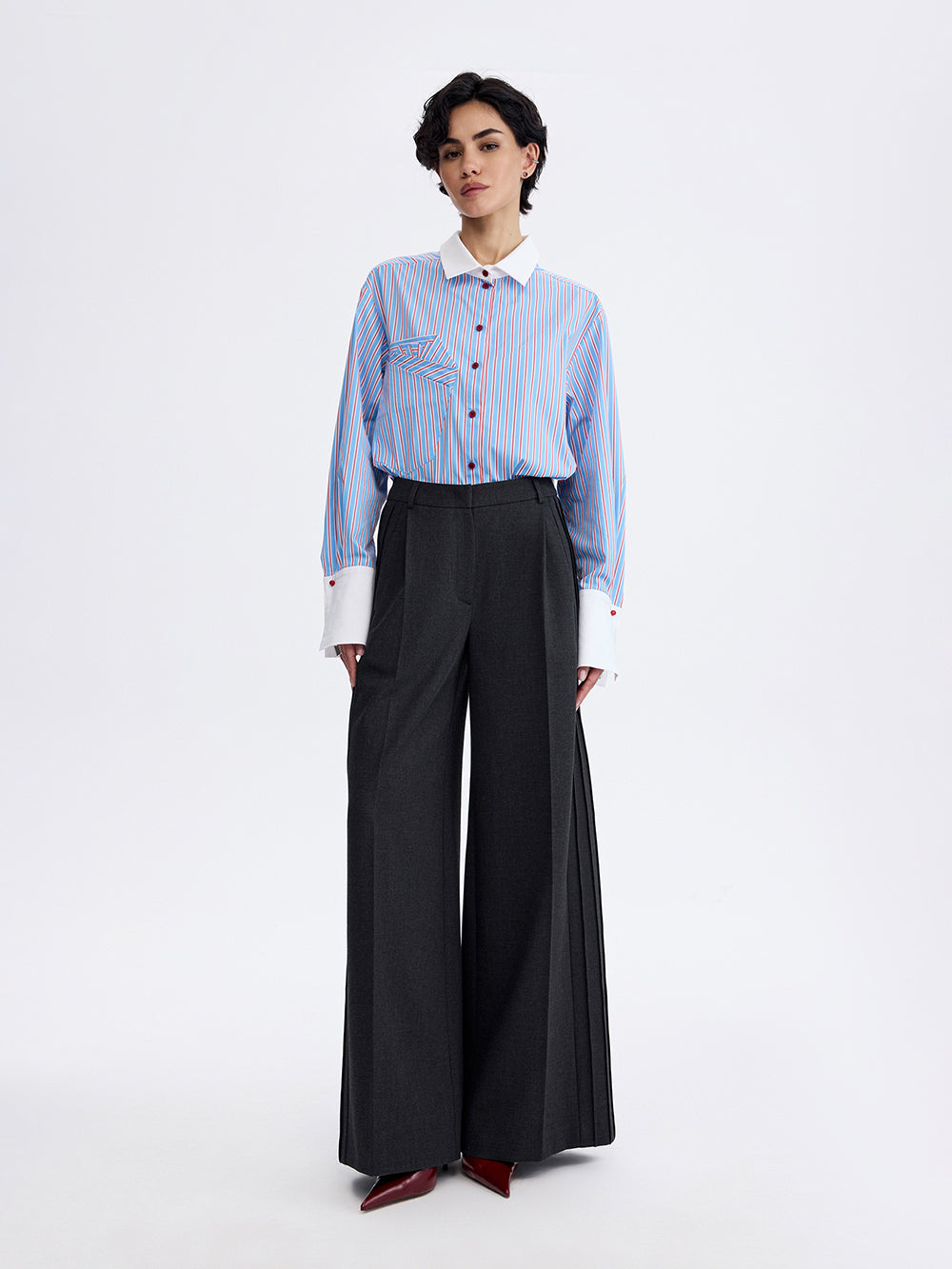 PRAS relief palazzo trousers in dark grey, front, full length